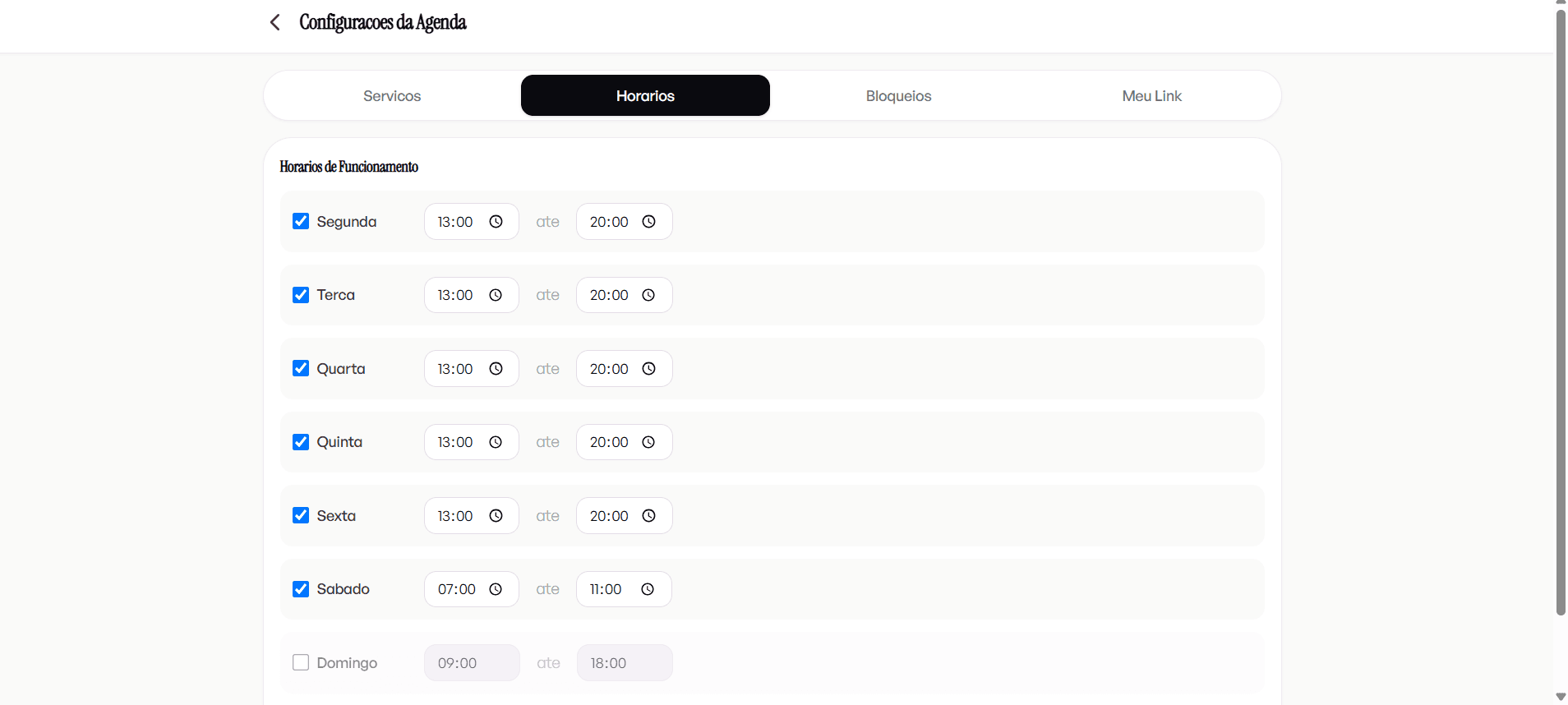 Cílios Click — Configurações da agenda