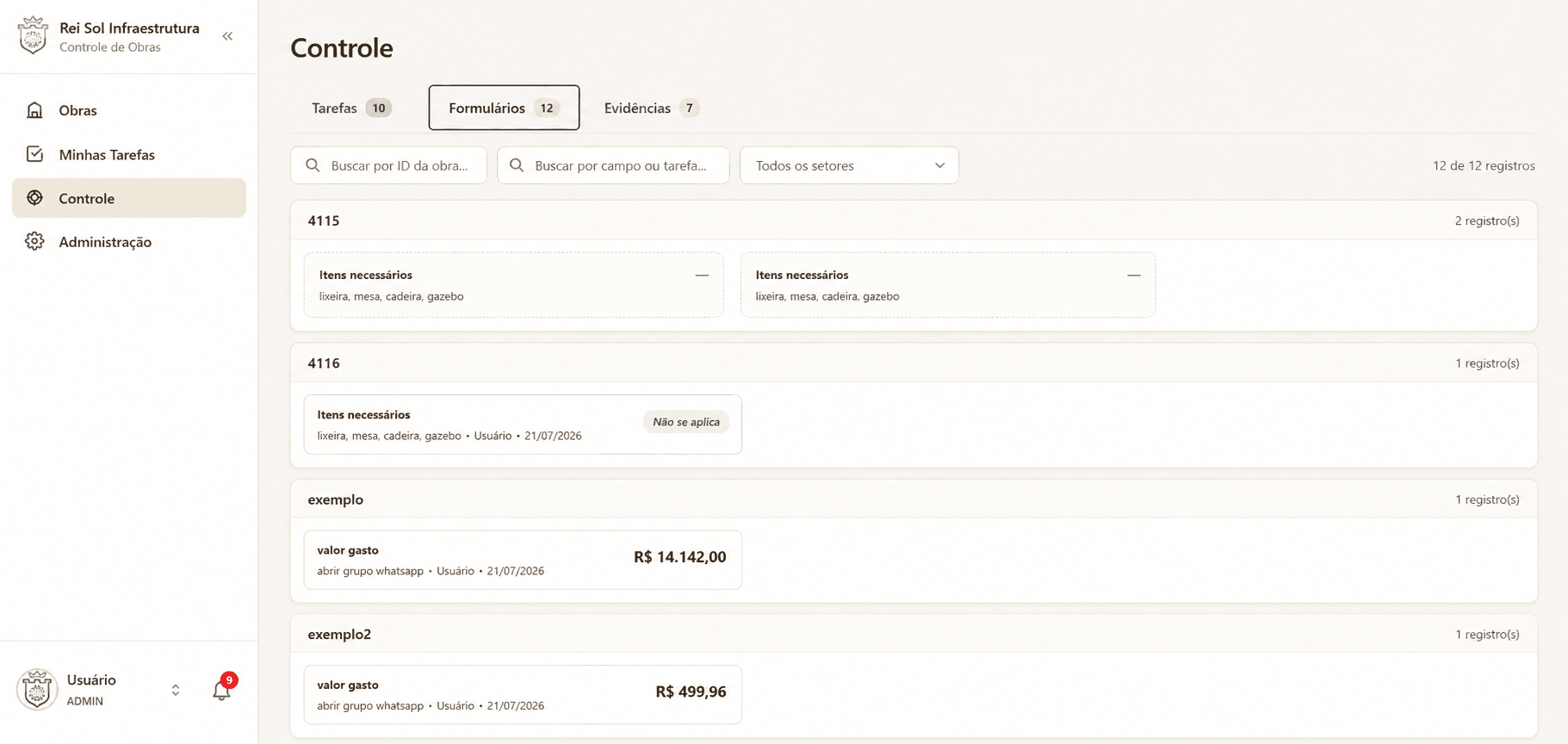 Etapas e tarefas — Obras Telecom